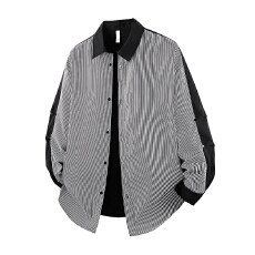 批发实拍2025秋季新款长袖衬衫男翻领拼接宽松百搭潮流细条纹衬衣外套
