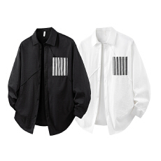 批发实拍2025秋季新款日系长袖衬衫男翻领口袋撞色宽松休闲百搭男衬衣