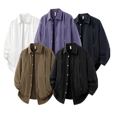 批发实拍2025秋季新款长袖衬衫男翻领纯色宽松时尚百搭潮流设计款衬衣