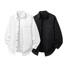 批发实拍2025秋季新款潮牌日系拼接长袖衬衫男翻领纯色潮流设计款衬衣