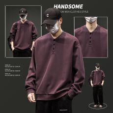 批发实拍2025秋季新款纯棉半纽扣卫衣男宽松韩版套头<b class='q'>大码</b>纯棉长袖<b class='q'>t</b><b class='q'>恤</b>