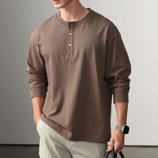 批发实拍2025秋季新款男士纯棉长袖体恤潮流半开衫圆领T恤衫百搭休闲