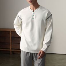 批发实拍2025秋季新款纽扣半开衫卫衣男潮牌宽松休闲长袖T恤上衣