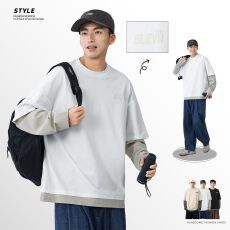 批发实拍2025秋季新款潮牌假两件卫衣男纯棉宽松<b class='q'>大码</b>休闲长袖<b class='q'>T</b><b class='q'>恤</b>上衣