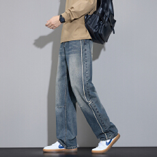 批发实拍2025秋冬新款宽松直筒<b class='q'>牛仔裤</b>男士百搭舒适阔腿裤半<b class='q'>松紧腰</b>