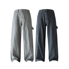 实拍2025秋冬新款全棉洗水休闲裤男半松紧腰纽扣拉链款拼接长裤