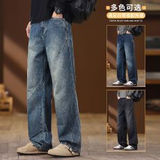 实拍2025秋冬新款半松紧腰设计直筒牛仔裤男宽松潮流休闲裤子