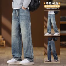 实拍2025秋冬新款全松紧腰复古牛仔裤男宽松潮流拼接设计休闲裤