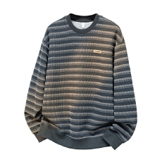 批发实拍高级感条纹纯棉卫衣男秋冬季2025新款宽松套头圆领上衣