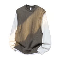 实拍2025秋冬新款潮牌假两件拼接袖卫衣男宽松百搭圆领体恤上衣