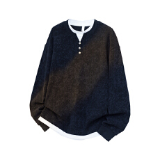 实拍2025秋冬新款假两件V领纽扣设计卫衣男宽松舒适潮牌休闲长袖