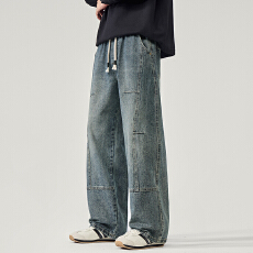 批发实拍2025秋冬新款全松紧直筒拼接牛仔裤男美式复古百搭阔腿裤