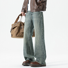 批发实拍2025秋冬新款全松紧微喇叭牛仔裤男美式复古百搭阔腿裤