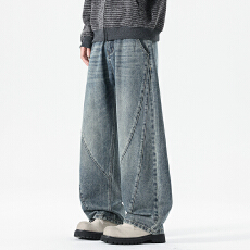 批发实拍2025秋冬新款潮牌半松紧弯刀牛仔裤男美式复古百搭拼接阔腿裤