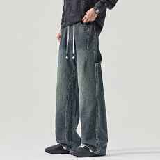 批发实拍2025秋冬新款潮牌全松紧破折拼接直筒牛仔裤男宽松百搭阔腿裤