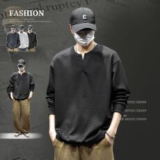 批发实拍2025<b class='q'>秋</b>季新款长袖T恤男V领半纽扣设计宽松纯色美式打底衫上衣