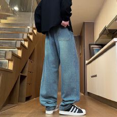 实拍2025新款秋季潮牌牛仔裤男潮流纹路宽松直筒休闲百搭长裤