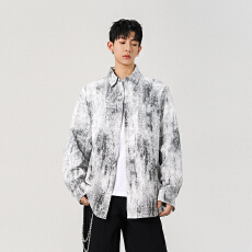 批发实拍2025秋季新款扎染格子长袖<b class='q'>衬衫</b>宽松百搭潮流中性男女情侣款