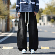 批发实拍2025秋<b class='q'>冬</b>新款潮牌弯刀牛仔裤男美式阔腿裤直筒宽松复古长裤