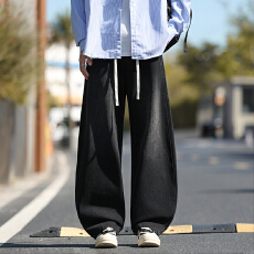 批发实拍秋<b class='q'>冬</b>新款潮牌弯刀牛仔裤男美式阔腿裤直筒宽松复古松紧腰长裤