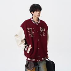 批发实拍秋<b class='q'>冬</b>新款潮牌重磅美式珍珠刺绣中性款棒球服潮流拼接外套夹克