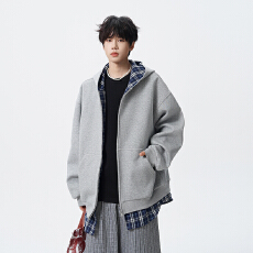 批发实拍秋<b class='q'>冬</b>新款潮牌假两件内里格子布撞色针织开衫拉链卫衣中性外套