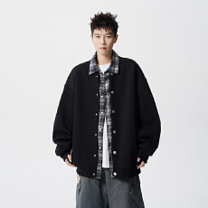 批发实拍秋<b class='q'>冬</b>新款潮牌假两件翻领格子布撞色针织开衫纽扣卫衣中性外套