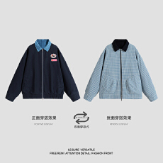 批发实拍秋冬新款潮牌两面穿重磅全棉复古撞色翻领刺绣工装夹克外套