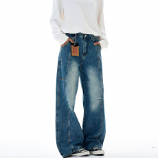 美式复古结构款水洗阔腿工装牛仔裤男女款直筒潮牌休闲宽松长裤子