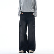 批发美式复古阔腿工装牛仔裤男女款直筒<b class='q'>潮</b>牌高街休闲多口袋宽松裤子
