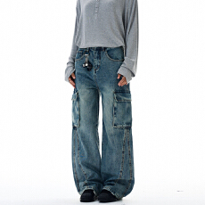 批发美式复古阔腿工装牛仔裤男女款直筒<b class='q'>潮</b>牌高街休闲多口袋宽松裤子