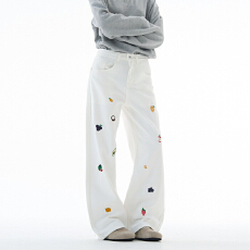 美式潮牌复古水洗卡通水果刺绣弯刀牛仔裤男女款直筒裤宽松休闲裤