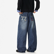 美式复古口袋星星刺绣直筒牛仔裤男女款潮牌宽松阔腿拖地休闲裤子