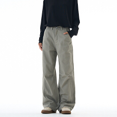 秋冬美式复古水洗半松紧工装裤男女宽松休闲褶皱直筒垂感阔腿裤子