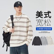 批发实拍2025秋冬新款重磅纯棉条纹圆领卫衣男宽松百搭长袖T恤衫