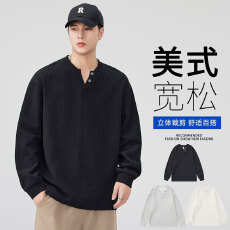 批发实拍2025秋冬新款360g重磅加厚泡泡条纹V领长袖卫衣男士上衣T恤