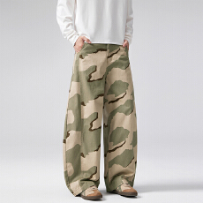 2025秋冬迷彩印花拼接弧形弯刀宽松休闲裤男女直筒百搭情侣长裤子
