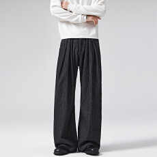 2025秋冬老钱风三褶黑色条纹牛仔西裤男弯刀宽松A型休闲长裤子潮