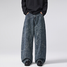 2025秋冬扎染提花复古水洗vintage弧形宽松直筒牛仔裤男潮百搭裤