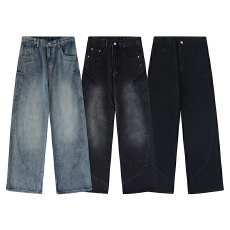 批发实拍2025秋季新款美式高街牛仔裤男潮牌痞帅宽松拼接直筒阔腿裤