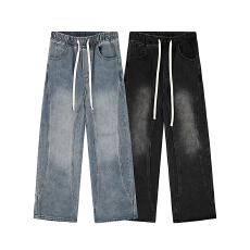 批发实拍2025秋季新款分割拼接牛仔裤男美式宽松阔腿裤水洗松紧长裤