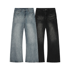 批发实拍新款闪电纹微喇牛仔裤男潮牌水洗复古宽松显瘦高街痞帅长裤子