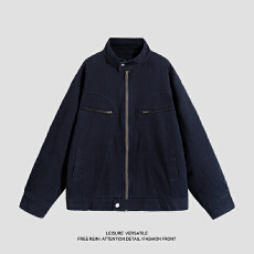 批发实拍<b class='q'>秋</b>冬新款潮牌复重磅全棉拼接工装水洗做旧立领夹克外套男