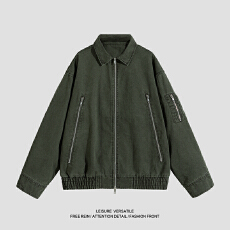 批发实拍<b class='q'>秋</b>冬新款潮牌复重磅全棉工装水洗做旧翻领夹克拉链外套男