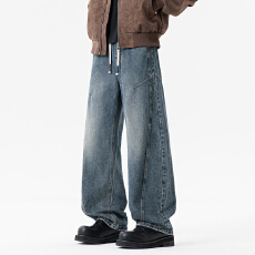 批发实拍2025秋冬新款全松紧美式潮牌弯刀牛仔裤男宽松百搭拼接阔腿裤