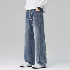 批发实拍2025秋冬新款全松紧竹节纹潮牌直筒牛仔裤男宽松百搭洗水复古