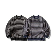 实拍2025秋冬新款潮牌日系条纹卫衣男复古宽松套头百搭圆领上衣