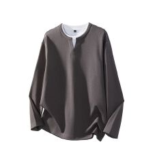 批发实拍2025秋冬新款长袖纯色假两件v领卫衣男宽松日系复古打底衫