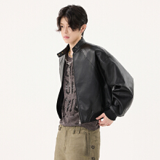 批发秋冬新款潮牌小众短款防风<b class='q'>皮衣</b><b class='q'>男</b>女中性款酷飒帅气摩登立领外套