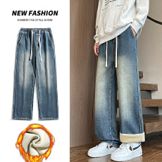 批发加绒<b class='q'>牛仔裤</b>男冬季加厚保暖<b class='q'>松紧</b>腰宽松长裤水洗复古休闲直筒裤